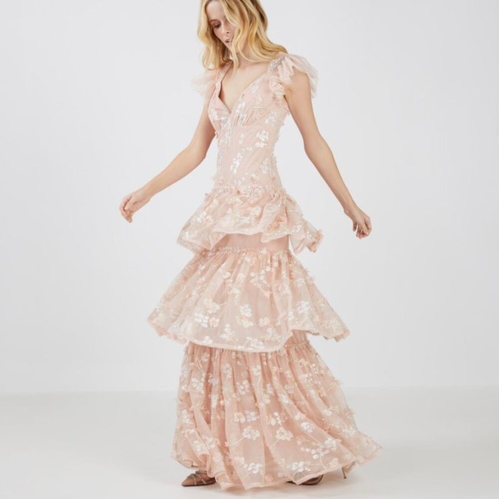 BCBG Willow Embroidered Ruffle Evening Dress